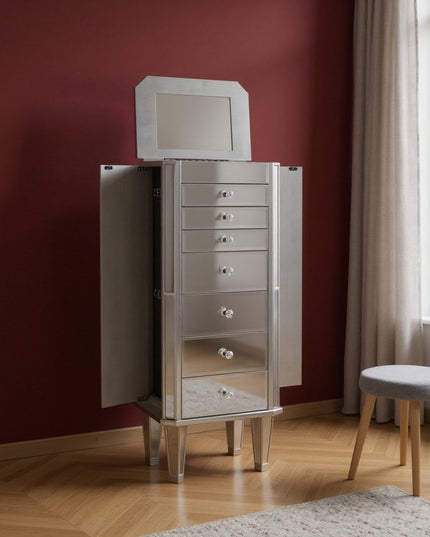 18" Silver Mirrored Writing Desk With Seven Drawers