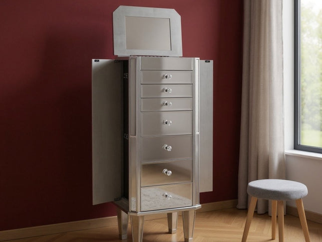 18" Silver Mirrored Writing Desk With Seven Drawers