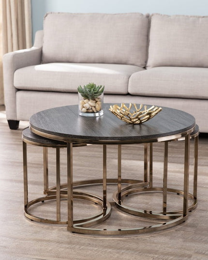 32" Champagne And Charcoal Manufactured Wood And Metal With Iron Round Coffee Table