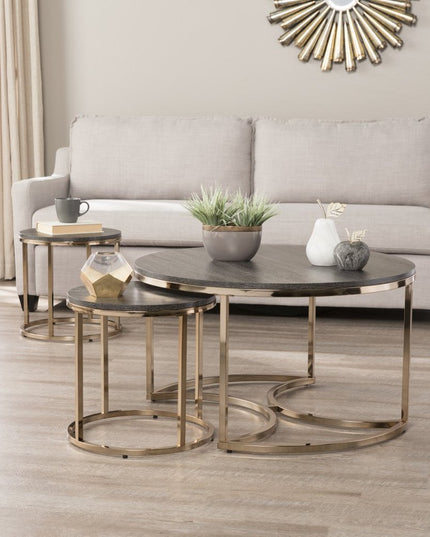 32" Champagne And Charcoal Manufactured Wood And Metal With Iron Round Coffee Table