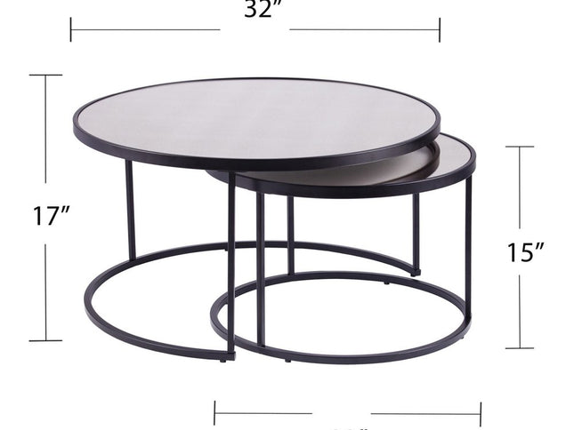 Set of Two Black And Silver Mirrored Round Nested Coffee Table Set