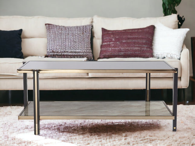 43" Champagne Mirrored And Metal Rectangular Mirrored Coffee Table