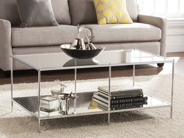 42" Chrome Glass And Metal Rectangular Mirrored Coffee Table