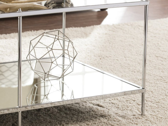 42" Chrome Glass And Metal Rectangular Mirrored Coffee Table