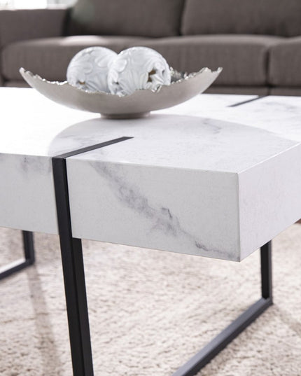 43" White And Black Faux Marble And Metal With Iron Coffee Table