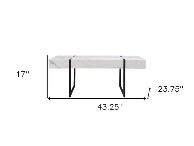 43" White And Black Faux Marble And Metal With Iron Coffee Table