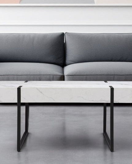 43" White And Black Faux Marble And Metal With Iron Coffee Table