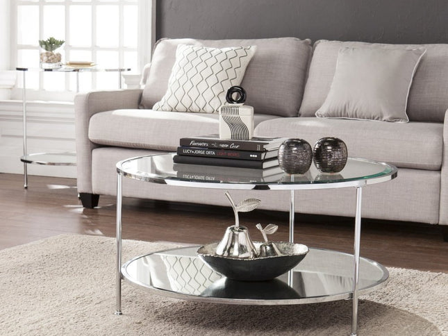 34" Chrome Glass And Metal Round Mirrored Coffee Table