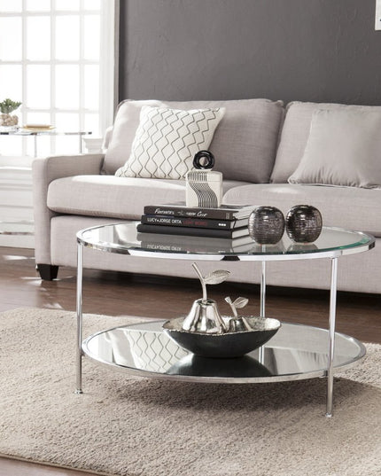34" Chrome Glass And Metal Round Mirrored Coffee Table
