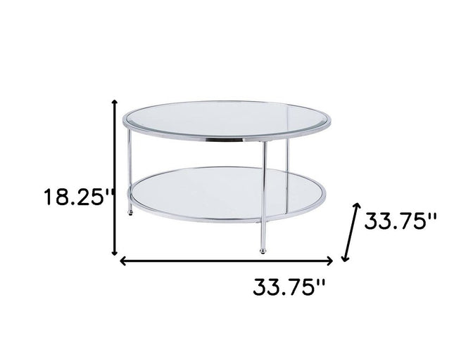 34" Chrome Glass And Metal Round Mirrored Coffee Table