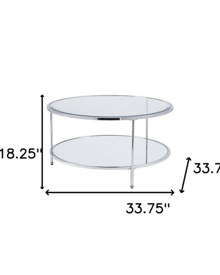 34" Chrome Glass And Metal Round Mirrored Coffee Table