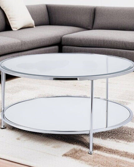 34" Chrome Glass And Metal Round Mirrored Coffee Table
