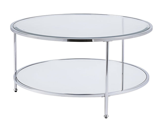 34" Chrome Glass And Metal Round Mirrored Coffee Table