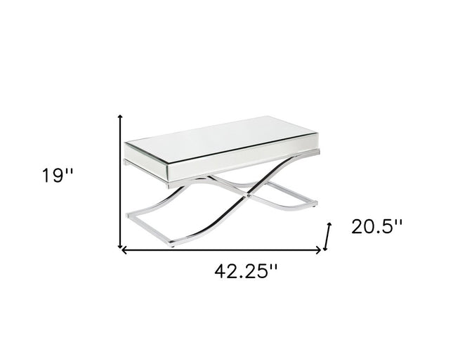 42" Silver Mirrored And Metal Rectangular Mirrored Coffee Table