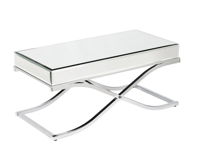 42" Silver Mirrored And Metal Rectangular Mirrored Coffee Table