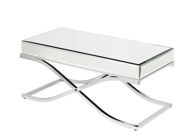 42" Silver Mirrored And Metal Rectangular Mirrored Coffee Table