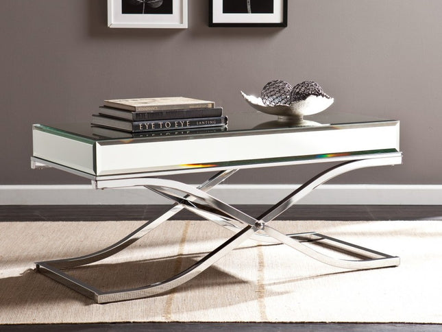 42" Silver Mirrored And Metal Rectangular Mirrored Coffee Table