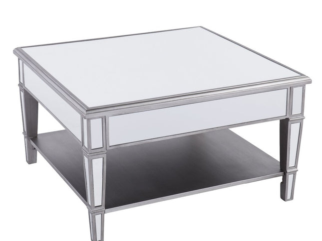 29" Silver Mirrored Square Coffee Table With Shelf
