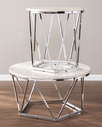 33" Silver Manufactured Wood And Metal Round Coffee Table