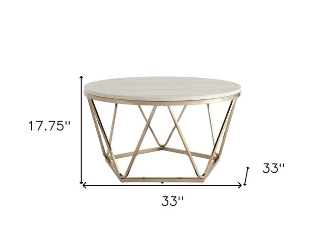 33" Champagne Solid Manufactured Wood And Metal Round Coffee Table