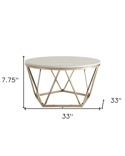 33" Champagne Solid Manufactured Wood And Metal Round Coffee Table