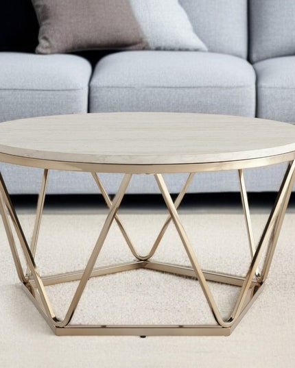 33" Champagne Solid Manufactured Wood And Metal Round Coffee Table