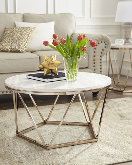 33" Champagne Solid Manufactured Wood And Metal Round Coffee Table