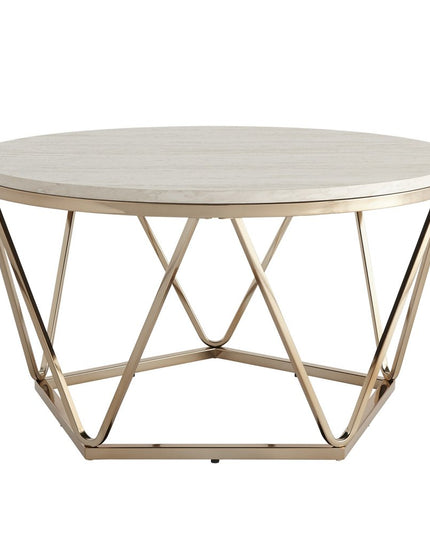 33" Champagne Solid Manufactured Wood And Metal Round Coffee Table