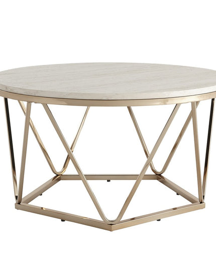 33" Champagne Solid Manufactured Wood And Metal Round Coffee Table