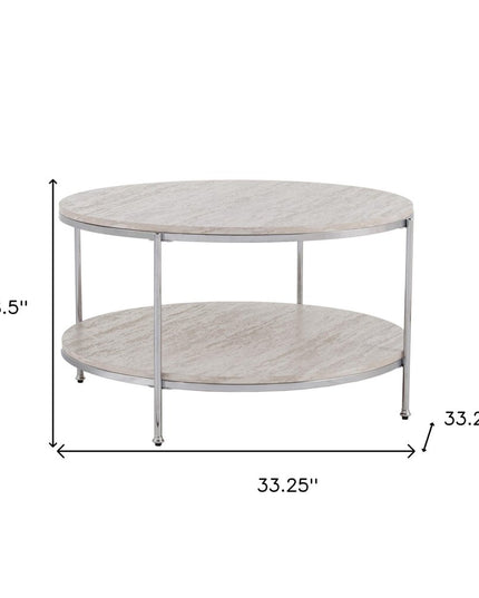 33" Chrome Faux Marble And Metal Round Coffee Table