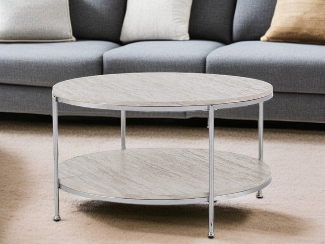 33" Chrome Faux Marble And Metal Round Coffee Table