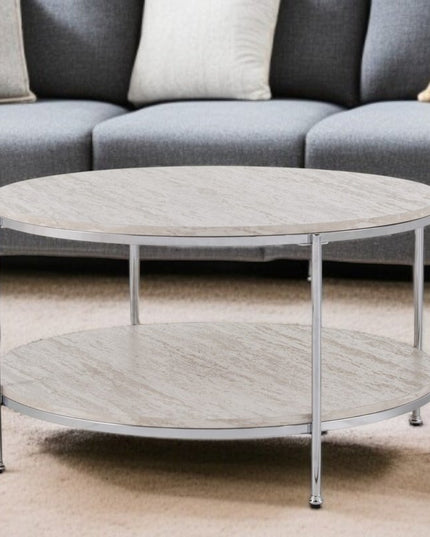 33" Chrome Faux Marble And Metal Round Coffee Table