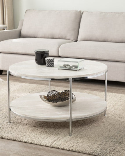 33" Chrome Faux Marble And Metal Round Coffee Table