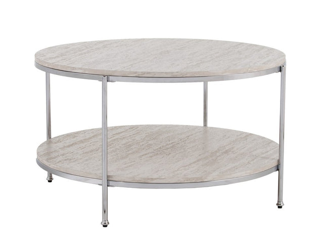 33" Chrome Faux Marble And Metal Round Coffee Table