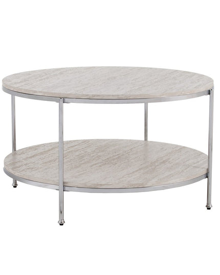 33" Chrome Faux Marble And Metal Round Coffee Table