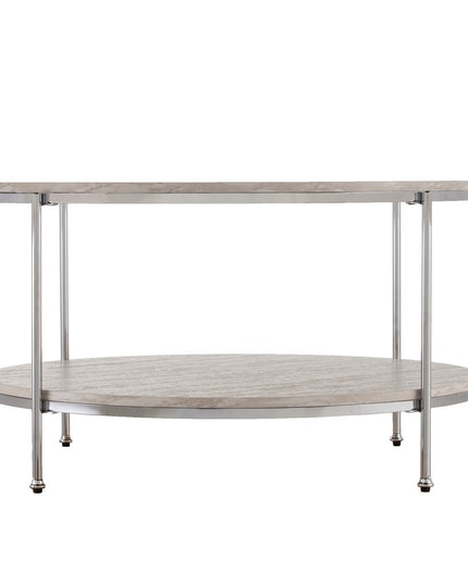 33" Chrome Faux Marble And Metal Round Coffee Table