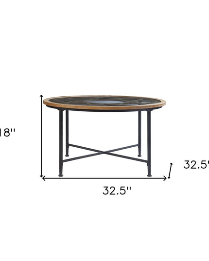33" Floral Design Glass Top Round Coffee Table