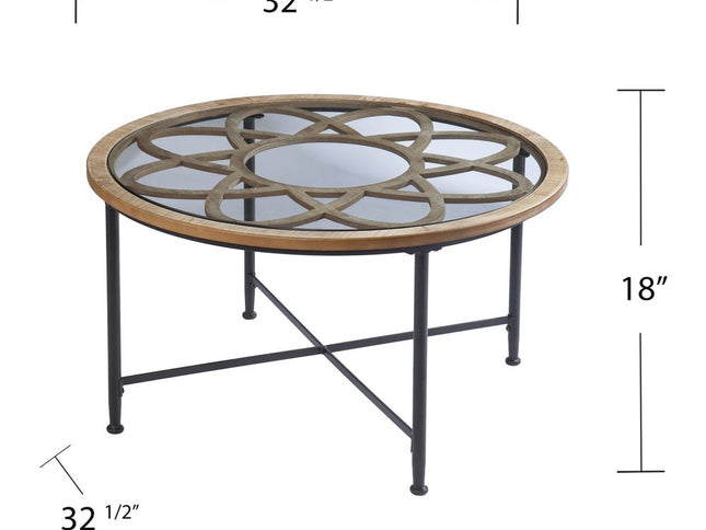 33" Floral Design Glass Top Round Coffee Table