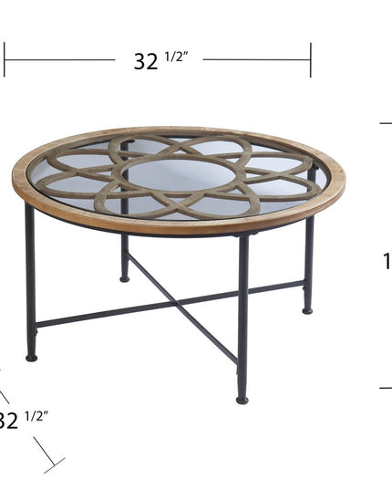 33" Floral Design Glass Top Round Coffee Table