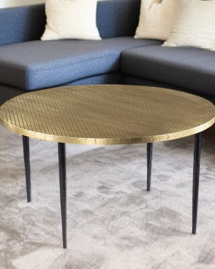 34" Black And Gold Embossed Metal Round Coffee Table