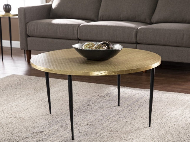 34" Black And Gold Embossed Metal Round Coffee Table