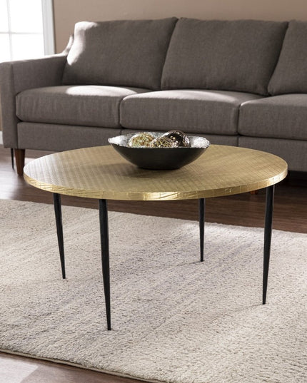 34" Black And Gold Embossed Metal Round Coffee Table