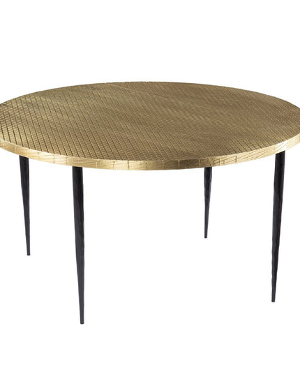 34" Black And Gold Embossed Metal Round Coffee Table