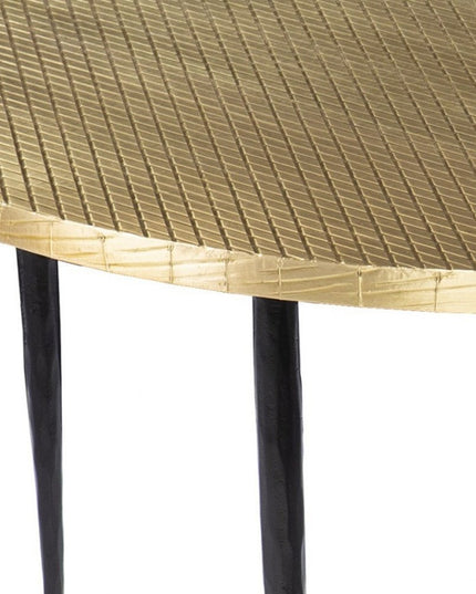 34" Black And Gold Embossed Metal Round Coffee Table