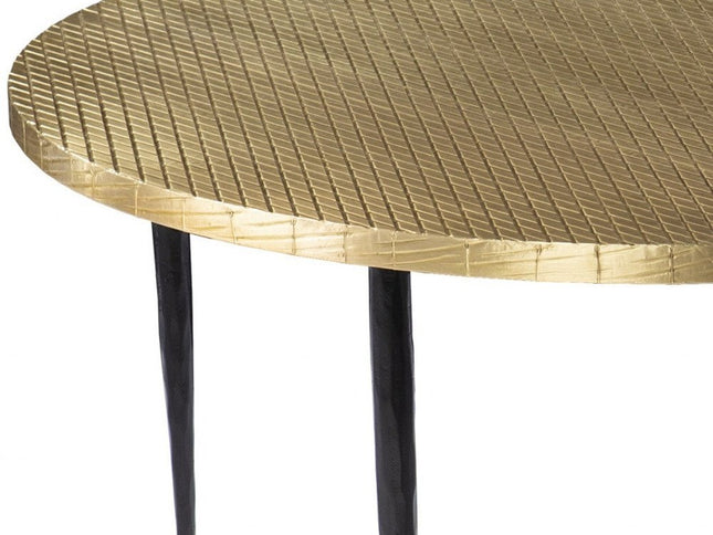 34" Black And Gold Embossed Metal Round Coffee Table