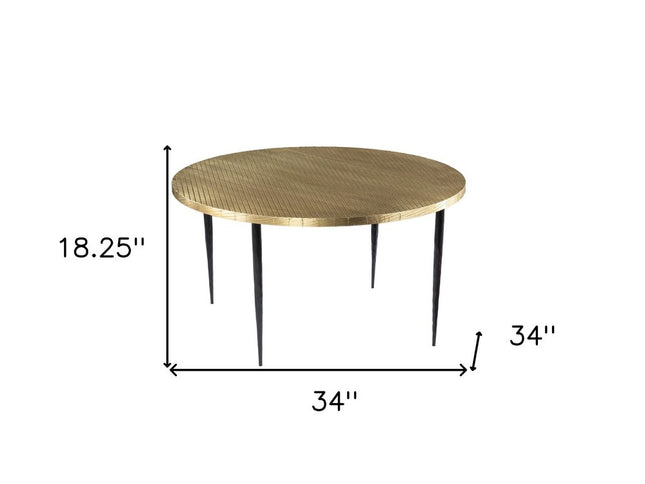 34" Black And Gold Embossed Metal Round Coffee Table