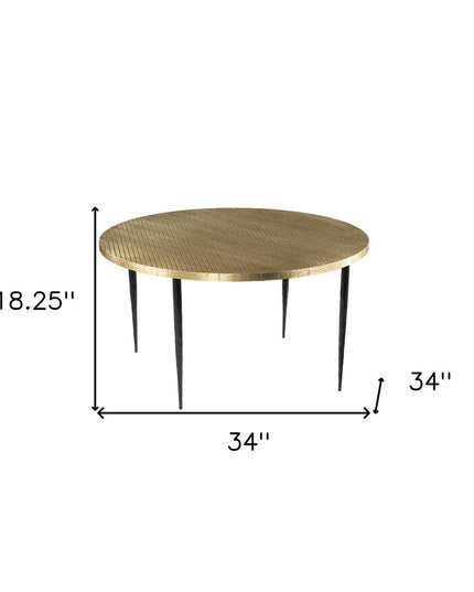 34" Black And Gold Embossed Metal Round Coffee Table