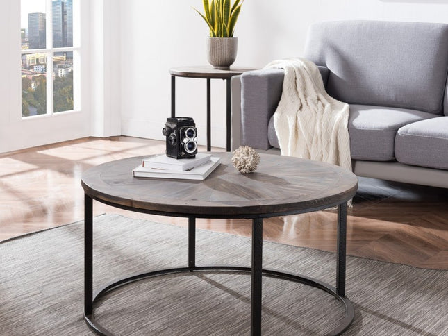 36" Natural And Brown Reclaimed Wood And Metal Round Coffee Table