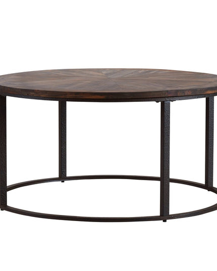 36" Natural And Brown Reclaimed Wood And Metal Round Coffee Table