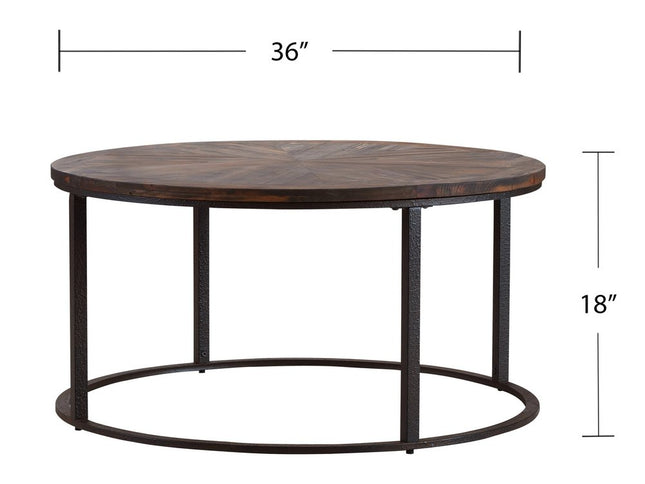 36" Natural And Brown Reclaimed Wood And Metal Round Coffee Table